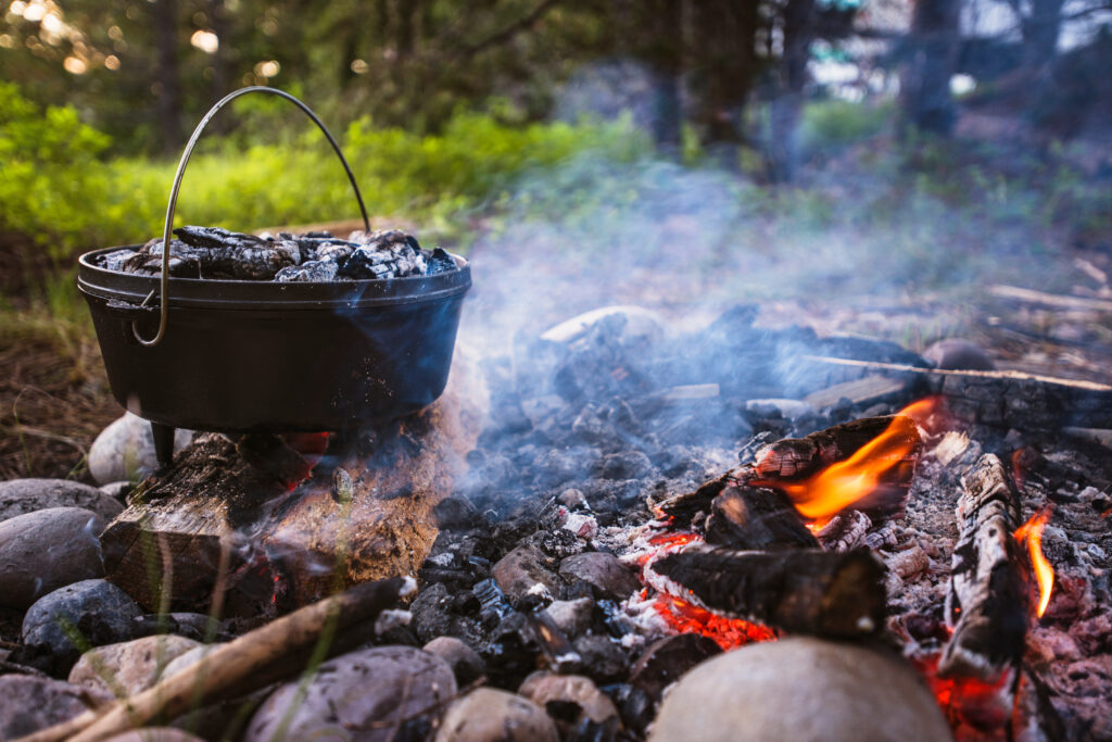 A container sits on firewood in a forest at a camp site.