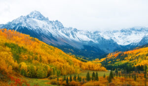 A view of snowy-topped Colorado Mountains.