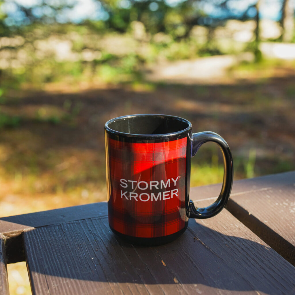 a stormy kromer coffee mug sitting on a picnic table at wilderness state park