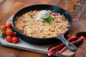 a batch of strawberry rhubarb in a cast iron skillet